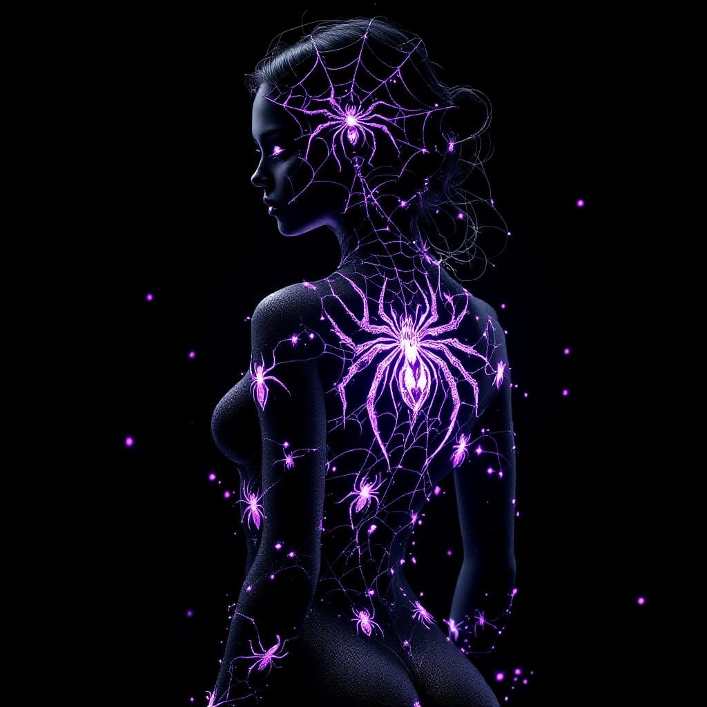 Gothic Woman Silhouette with Rune Spider Tattoos