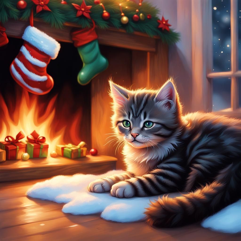 Hyperrealistic Kitten Awaiting Santa on Christmas Eve