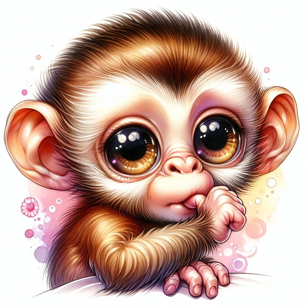 Adorable Baby Monkey in Watercolor Illustration