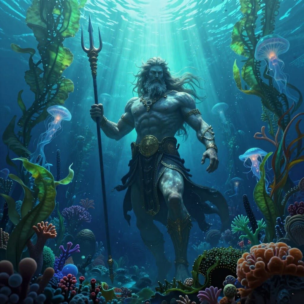 Poseidon's Majestic Stride Through Bioluminescent Depths
