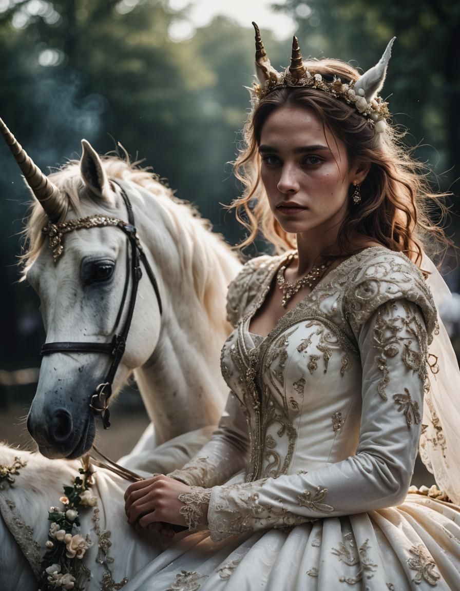 Woman in Wedding Dress Riding Unicorn Portrait