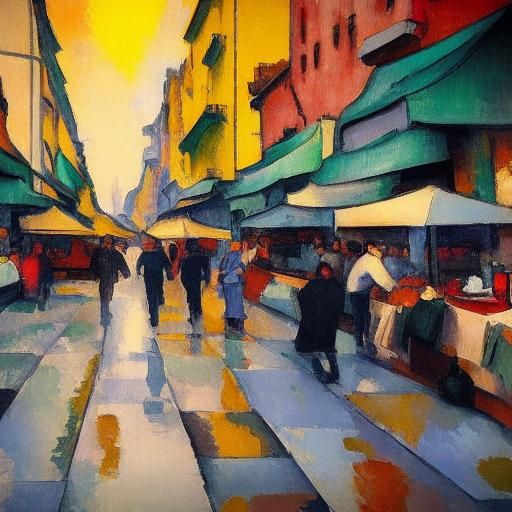 Impressionist Cat Galloping Through Street Food Market