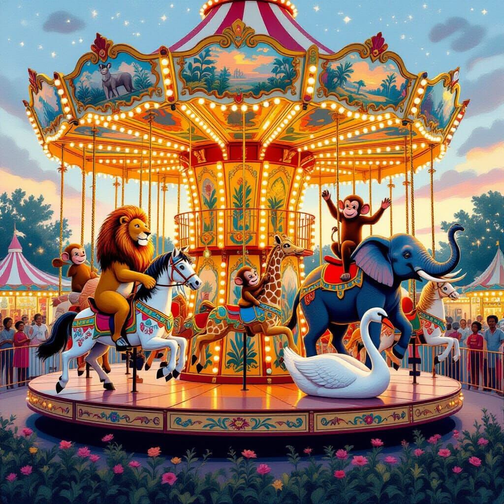 Whimsical African Animals Ride Enchanted Twilight Carousel