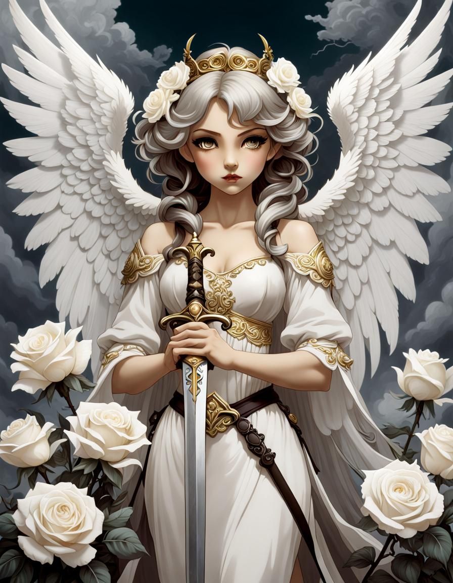 Chibi Angel with Sword in Art Nouveau Style