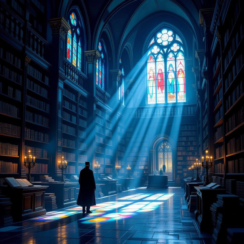 Moonlit Library Contemplation Impressionist Painting