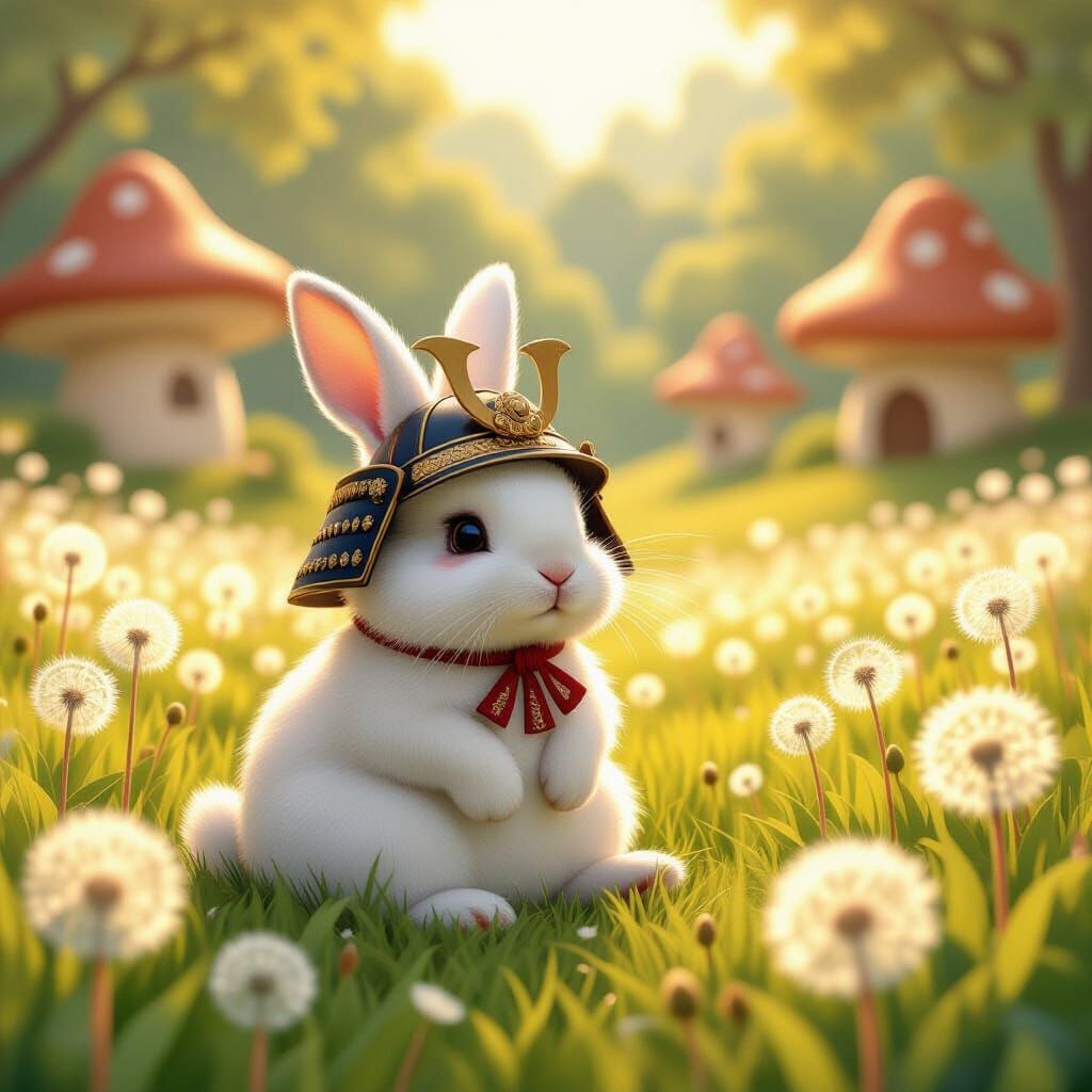 Fluffy Rabbit in Samurai Helmet in Glowing Meadow