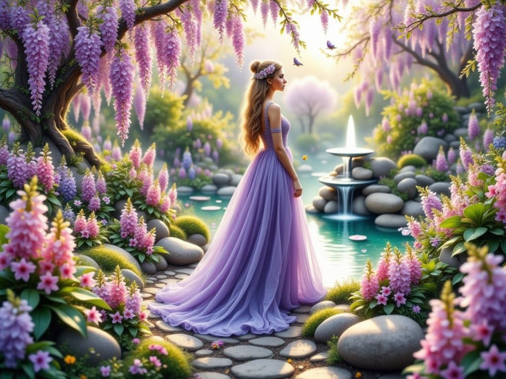 Fairy in Fantasy Garden with Pastel Flowers