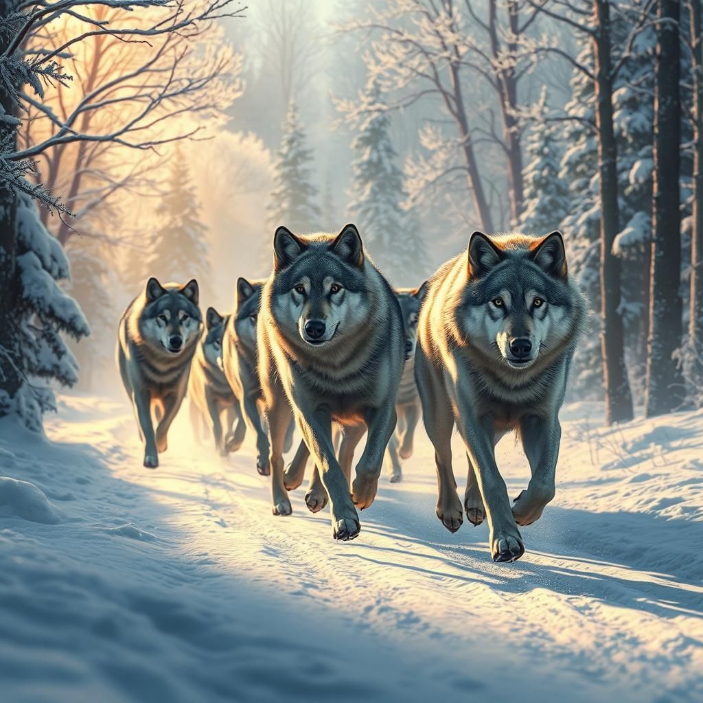 Wolves Run Through Winter Woods: Hyperrealistic Concept Art