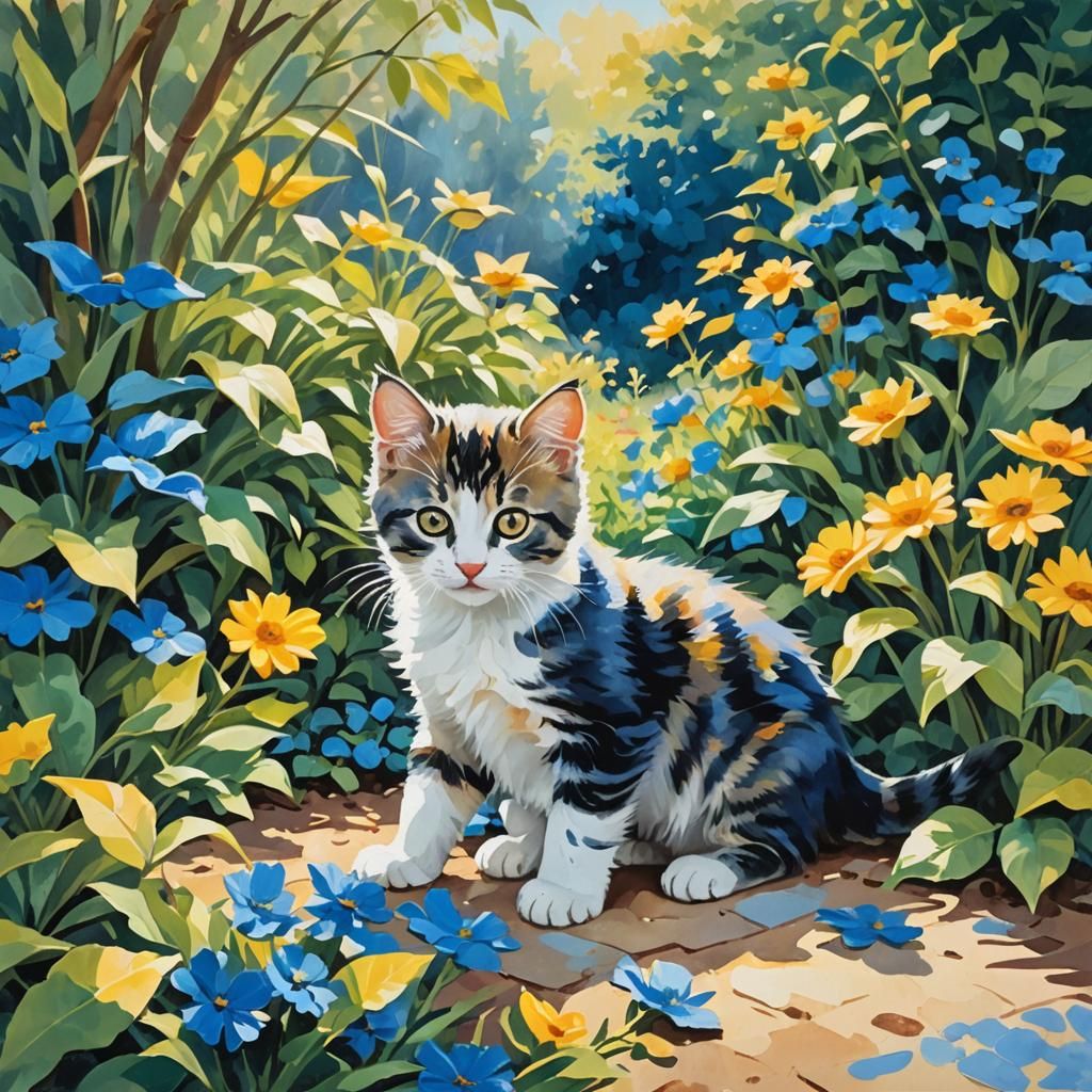 Kitten and Puppy Play in Gouache Impasto Style