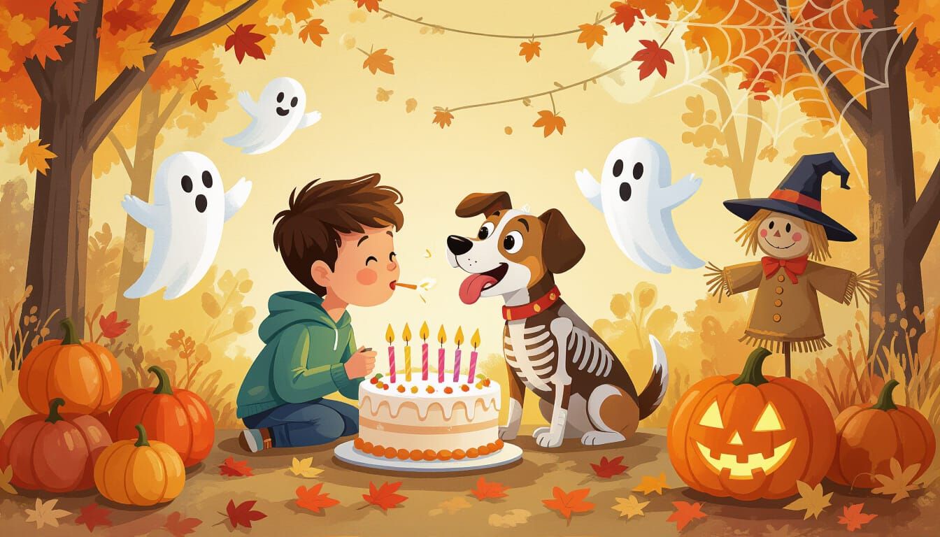 Joyful Halloween Cake Scene with Boy and Dog in Gouache Styl...