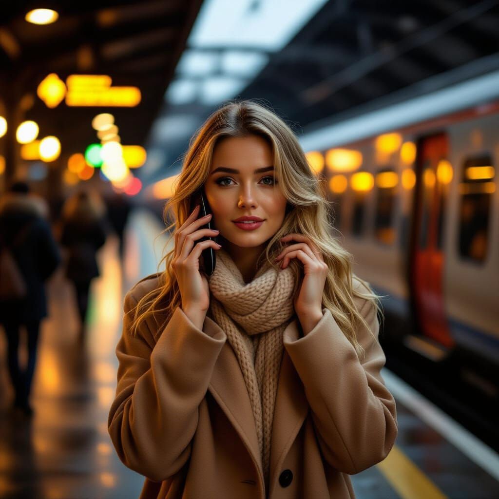 British Woman on Rainy Platform in Golden Light