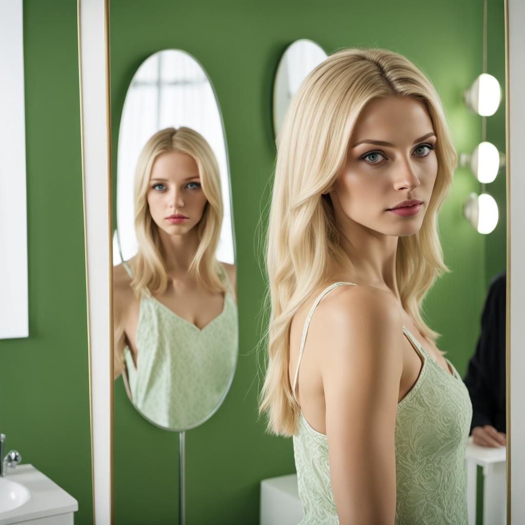 Woman and Mirror Reflection: Cinematic Film Still