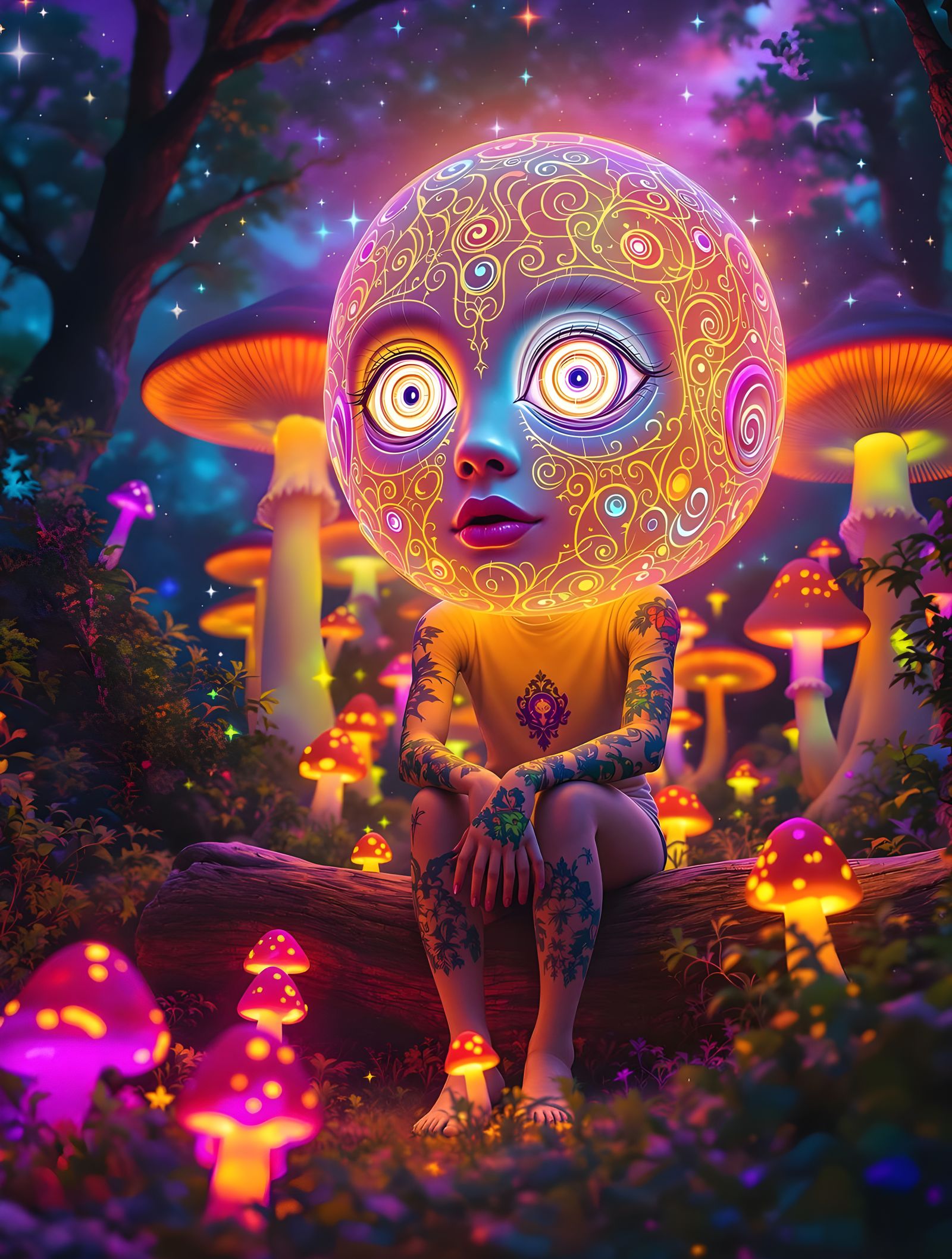Psychedelic Orb-Headed Person in Magical Forest