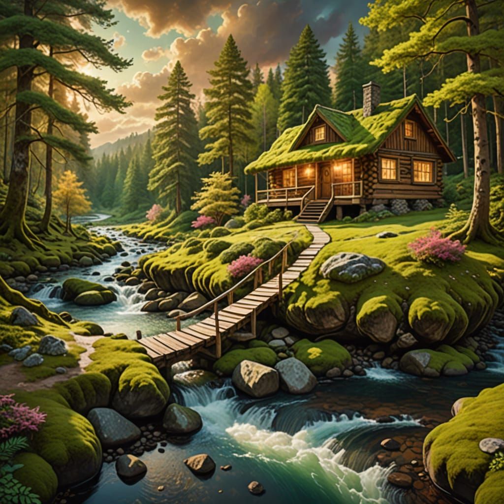 Majestic Fantasy Forest with Rustic Cabin and Winding River
