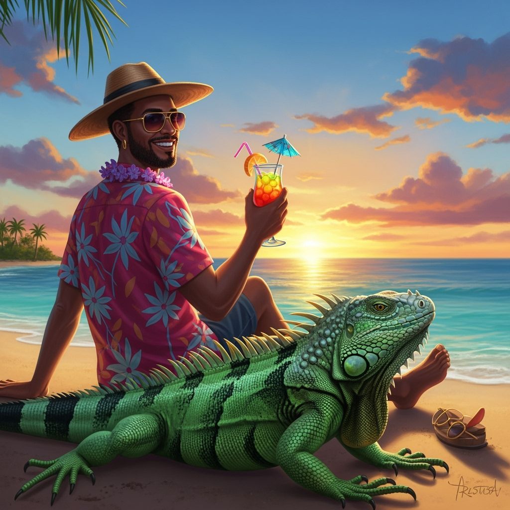 Aruba Sunset Cocktail with Island Man and Iguana