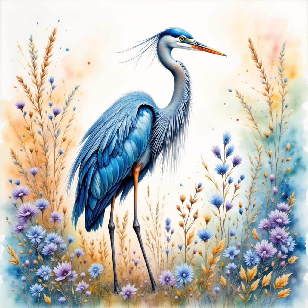 Blue Heron Amidst Wildflowers in Oil Impasto Style