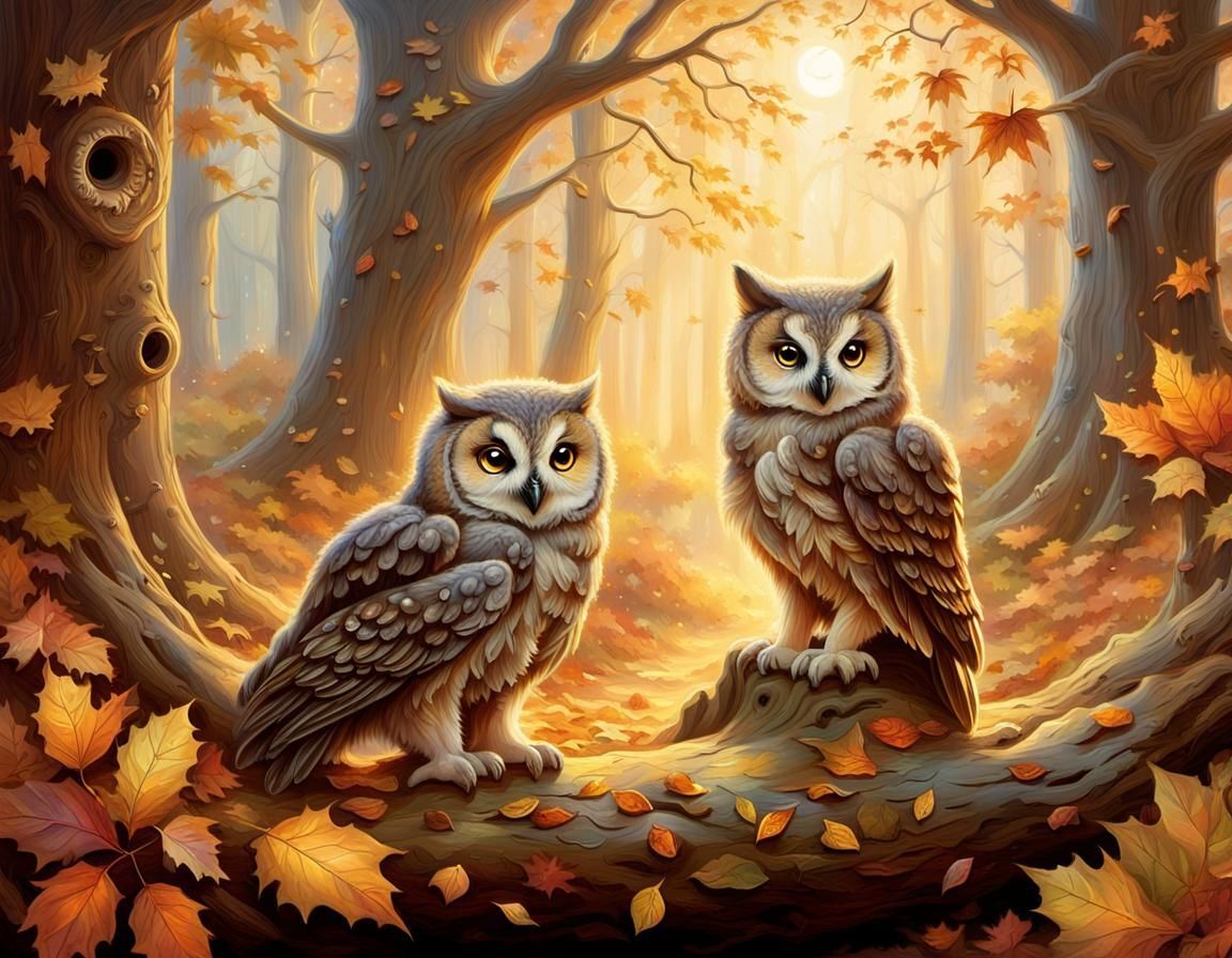 Whimsical Forest Scene with Owl and Wolf