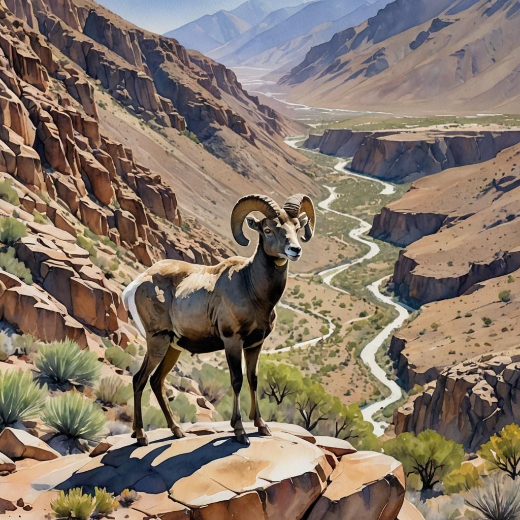 Watercolor Peninsular bighorn standing on a rock in the Sant...