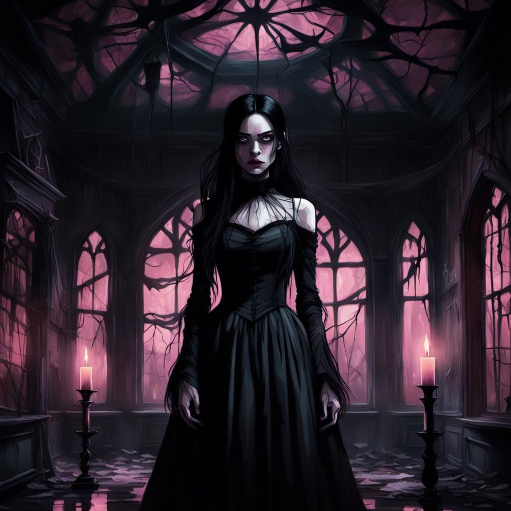 Spooky Girl in Haunted House: Dark Fantasy Illustration