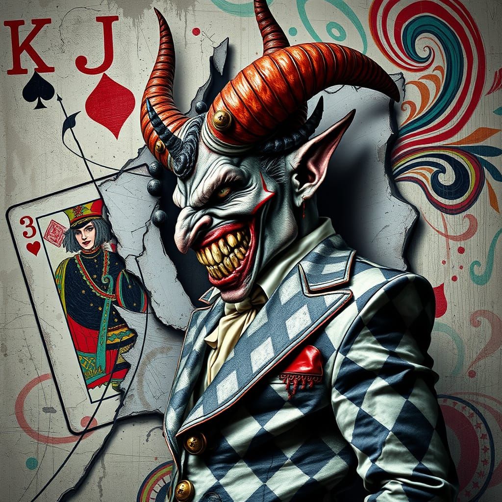 Menacing Demon Emerges from Wall in Vibrant Harlequin Suit