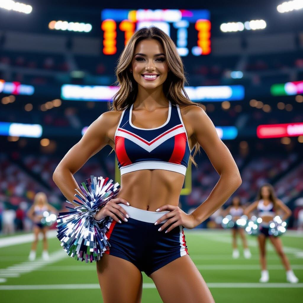 Hyperrealistic Cheerleader Mid-Performance in Stadium