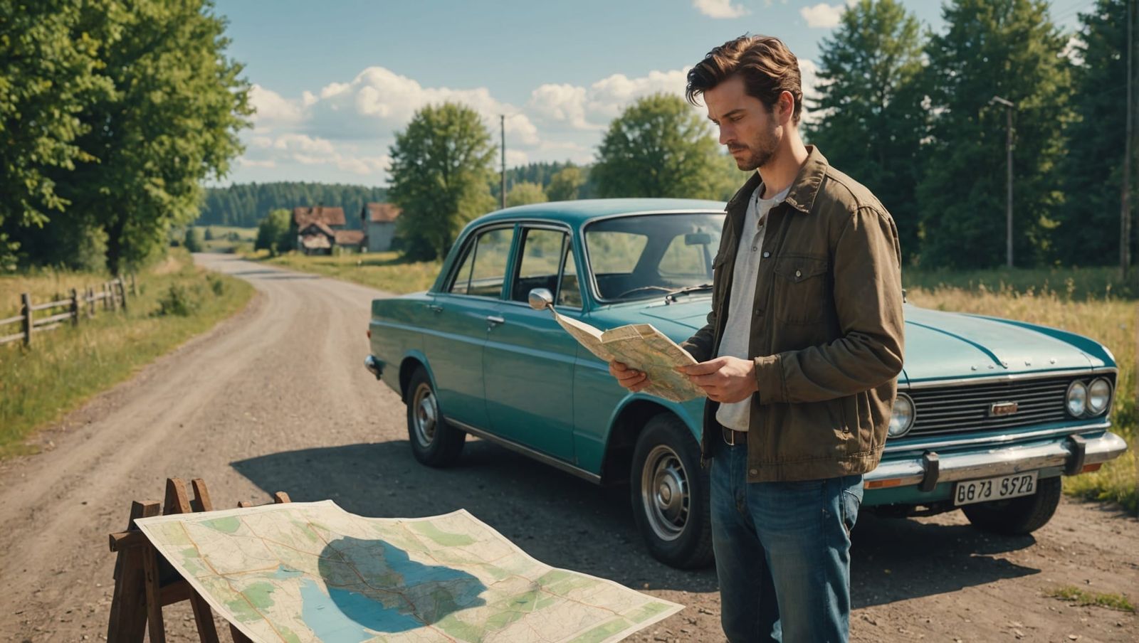 Lost Man with Map at Crossroads in Retro Style