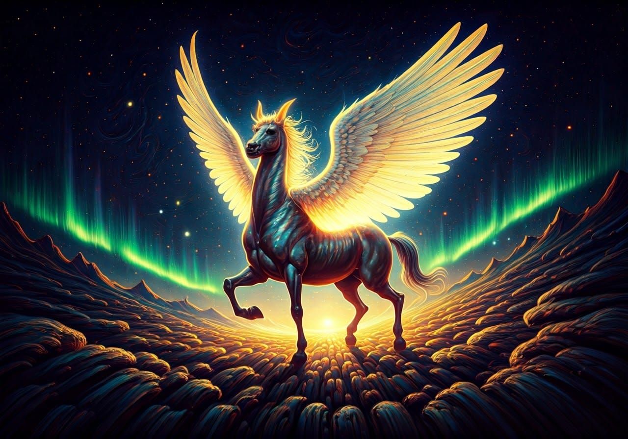 Iridescent Centaur Soaring Through Psychedelic Galaxy
