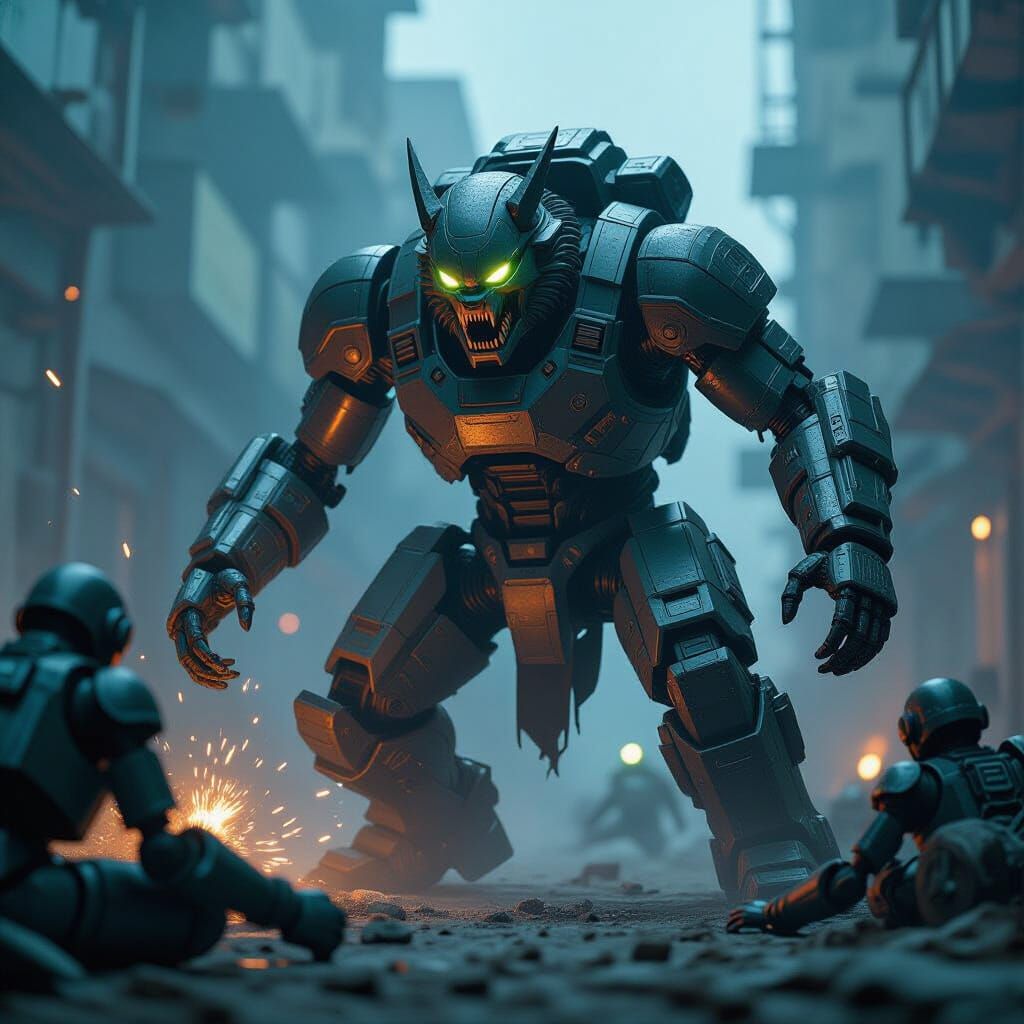 Steampunk Werewolf Alien Shreds Robots: Cinematic Film Still