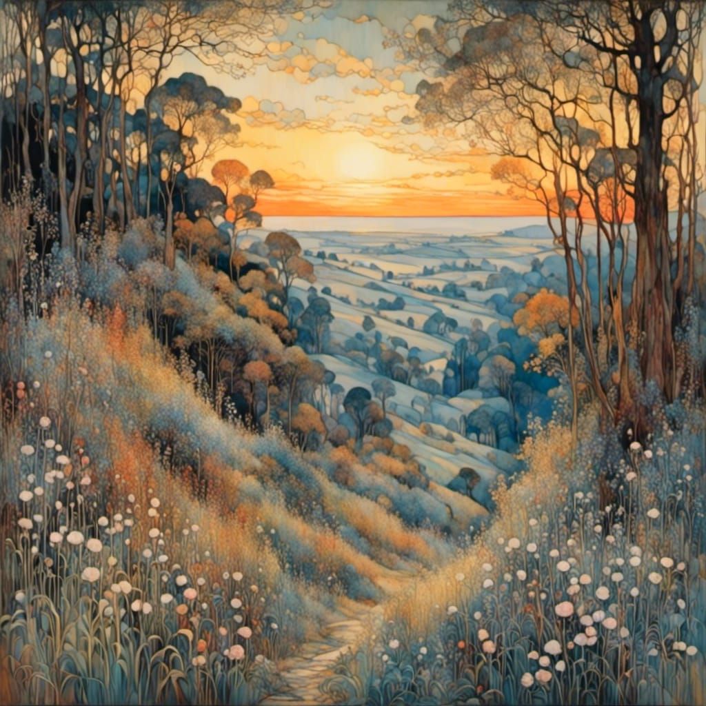 Ethereal Landscape in Stained Glass Style