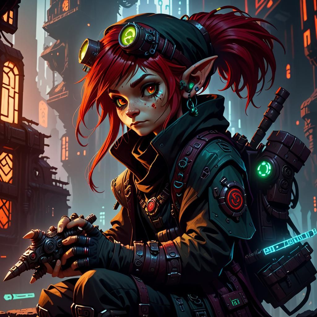 Cyberpunk Druid Gnome in Forgotten Realms, Matte Painting