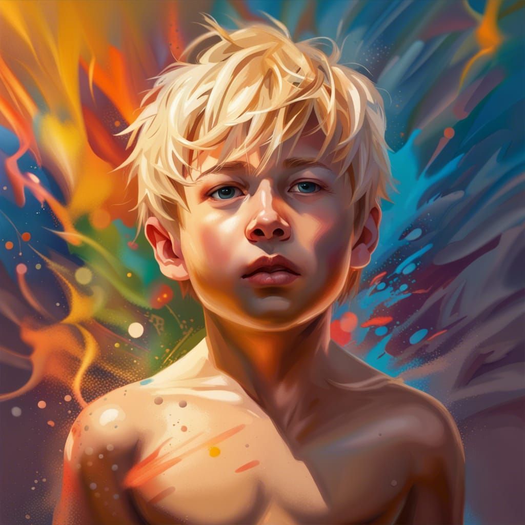 Hyperrealistic Blond Boy Portrait with Colorful Accents