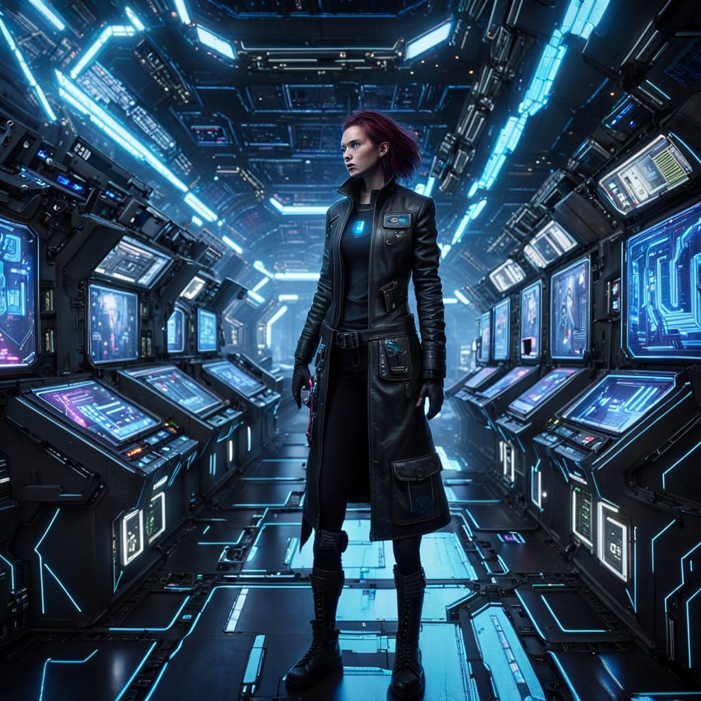 Cyberpunk Warrior Prepares for Orbital Fight in Abandoned Sp...