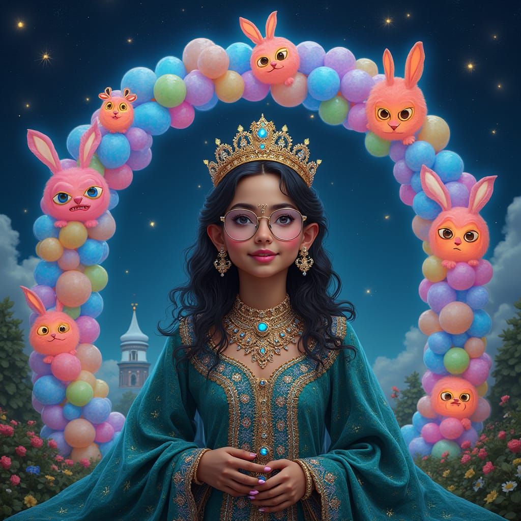 Regal Fantasy Princess with Vibrant Costume and Cartoon Anim...