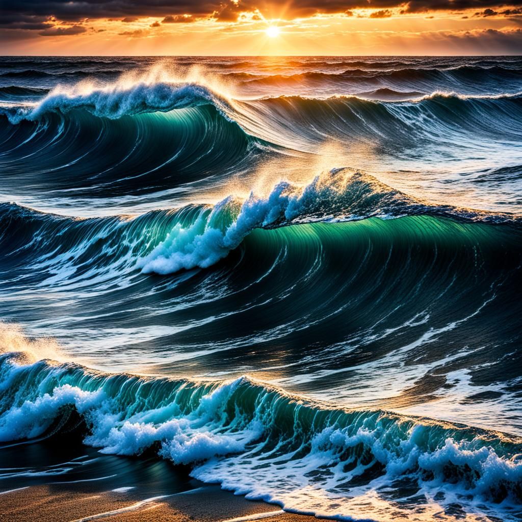 Dramatic Ocean Waves at Sunrise: Hyperrealistic Image