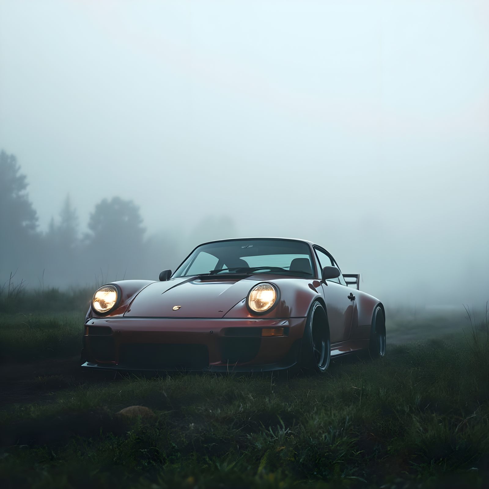 Porsche 911 RS in Misty Field, Hyperrealistic Photography