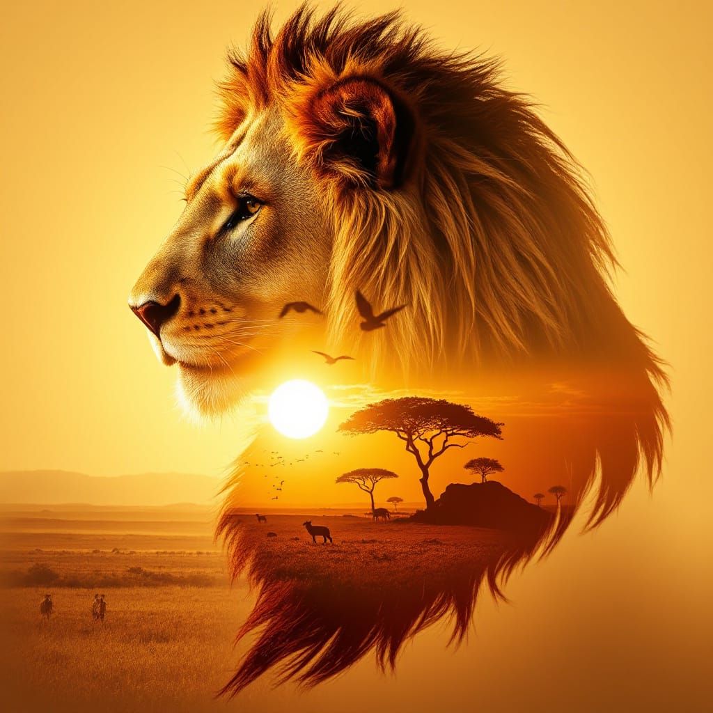 Regal Lion in Golden Sunset, Digital Artwork