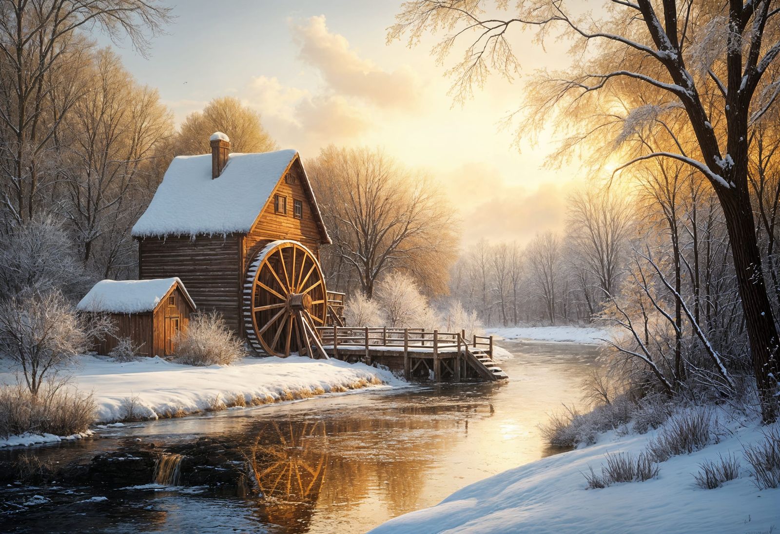 Winter Wonderland Mill Scene in Golden Hour