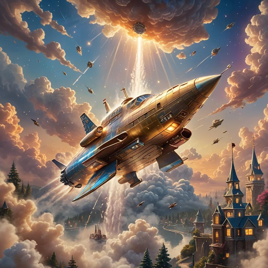 Toy Spaceship Soars in Ethereal Golden Light