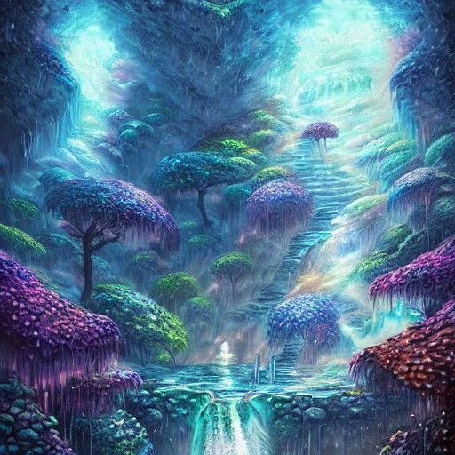 Ethereal Crystal Caves with Waterfall, Digital Painting