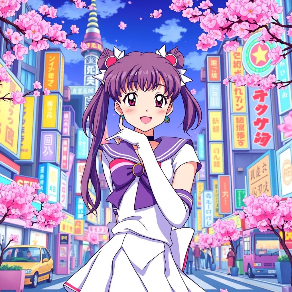 Vintage Sailor Moon Girl in Tokyo Cityscape