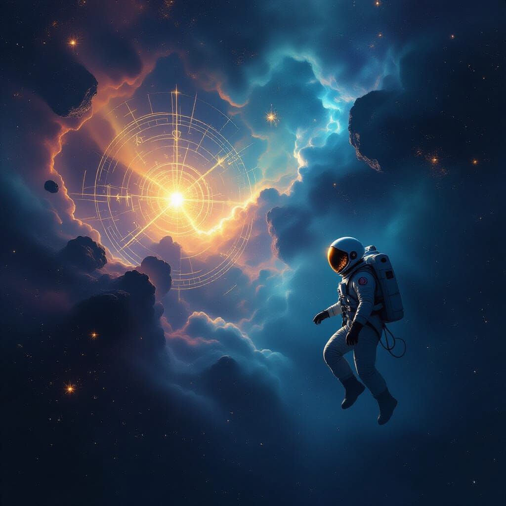 Astronaut Lost in Cosmic Nebula, Reflecting Celestial Map