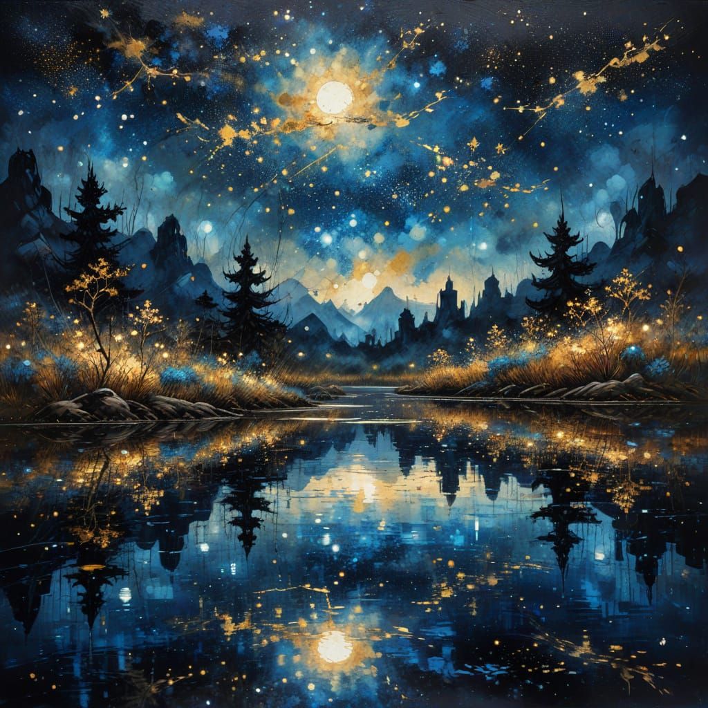 Starry Sky Reflected in Lake: Impasto Ink Painting