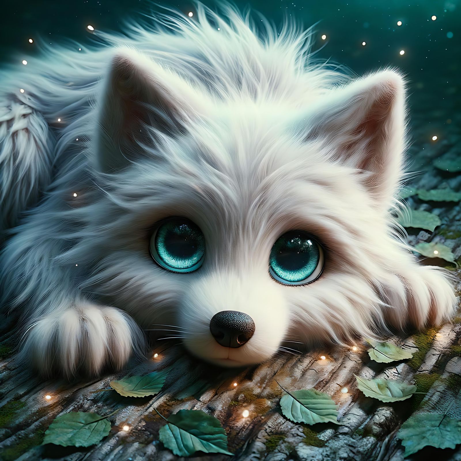 Cute White Wolf with Fireflies in Digital Art