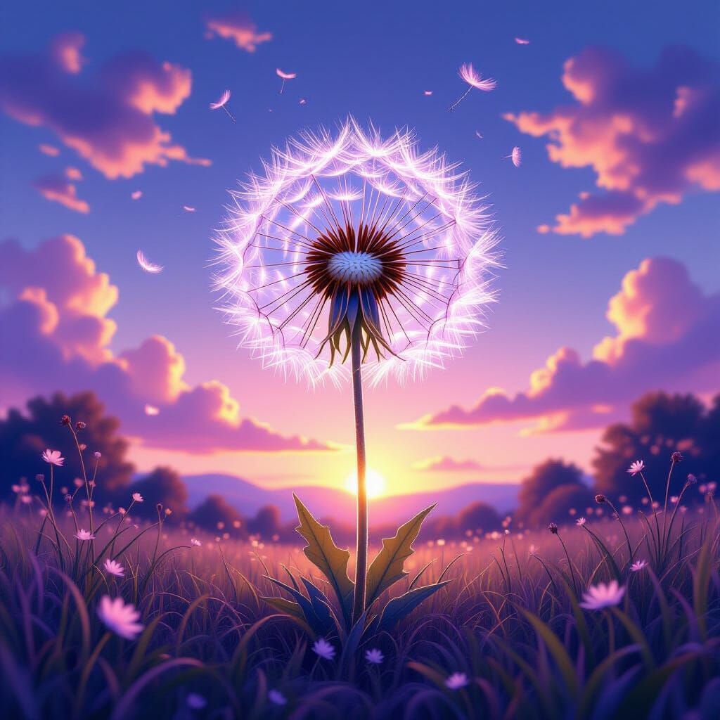Giant Iridescent Dandelion Seed in Surreal Twilight Landscap...