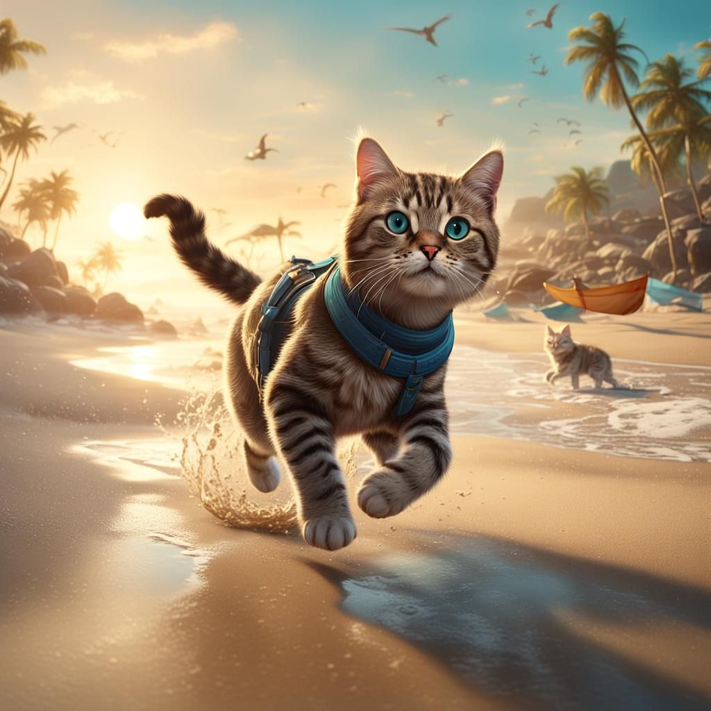 Cute Cat Running on Beach: Fantasy Concept Art
