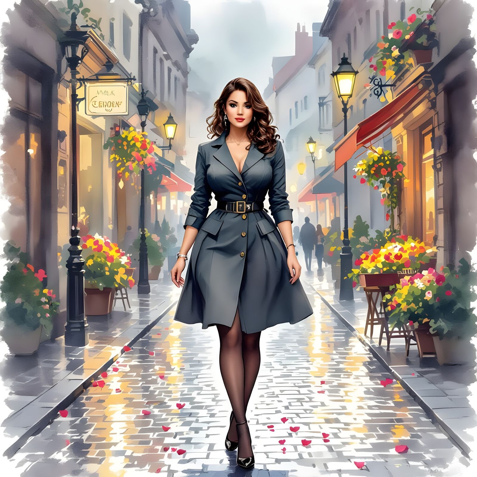 Woman in Pantyhose on Cobblestone Street