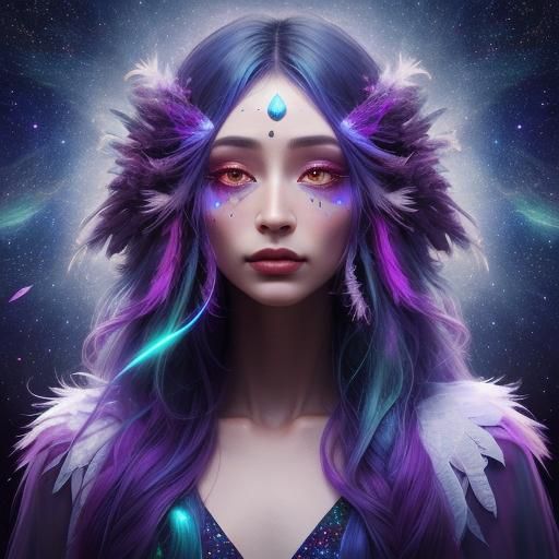 Surreal Cosmic Portrait: Avian Transformation in Dreamlight