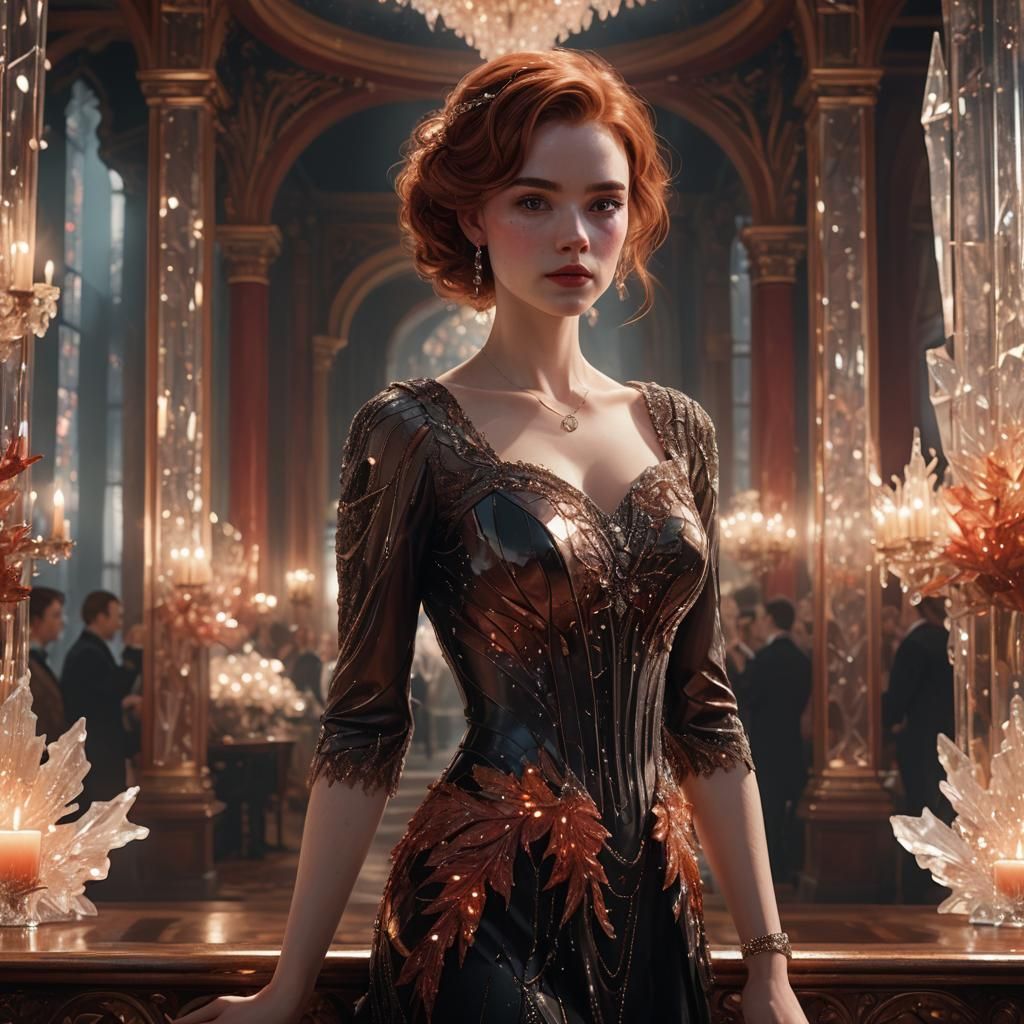 Woman in Gown in Opulent Ballroom, as Digital Art