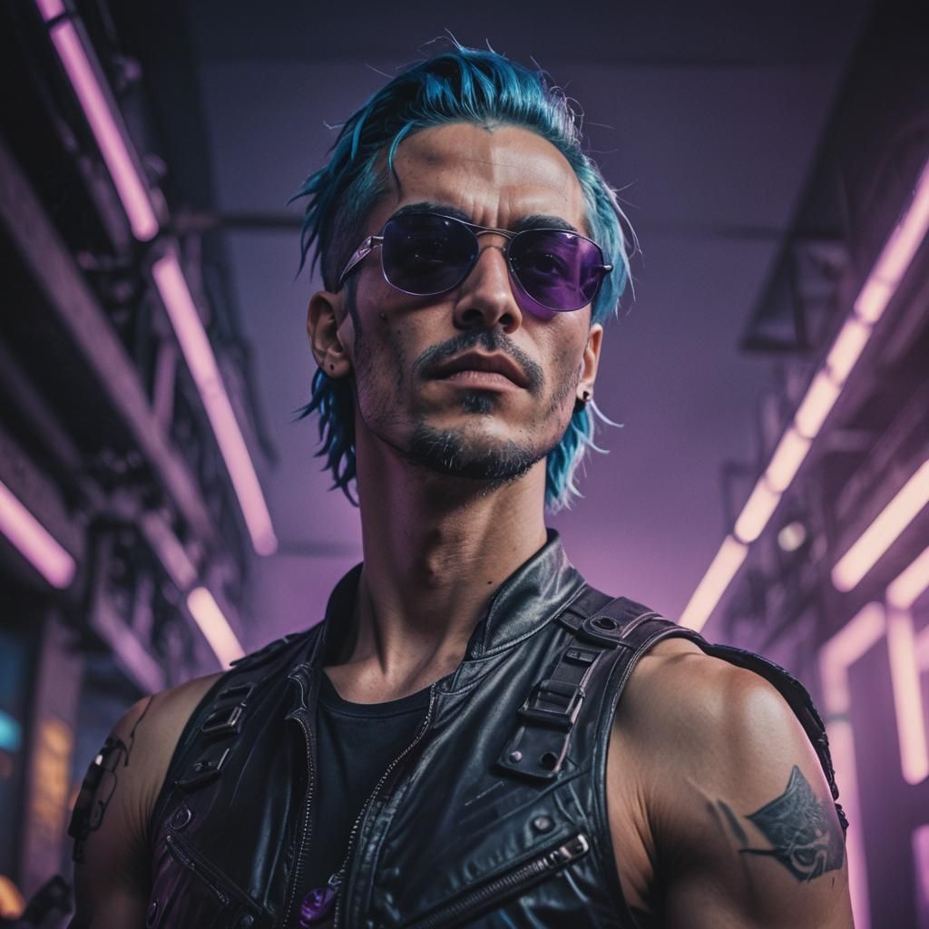 Cyberpunk Man with Blue Hair in Cinematic Lighting