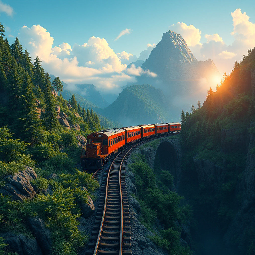 Orange Train Plunges Down Mystical Landscape